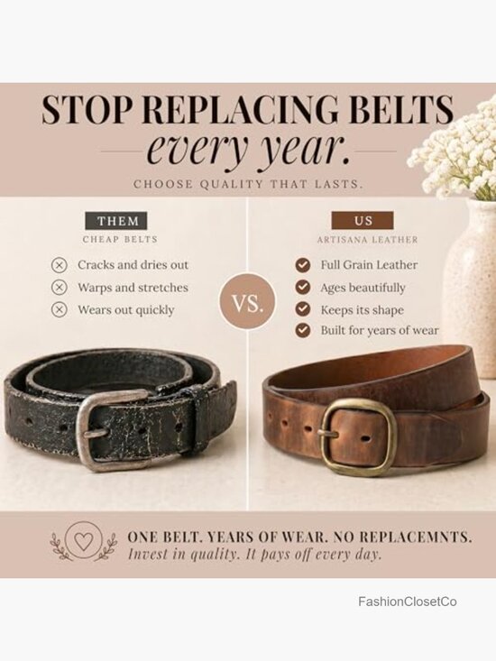 Genuine Full Grain Leather Belt for Jeans - 1.25in - Made in USA display picture 3